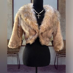 Elegant Faux Fur Jacket - Tan Bebe size S vintage Bebe brand mini short jacket